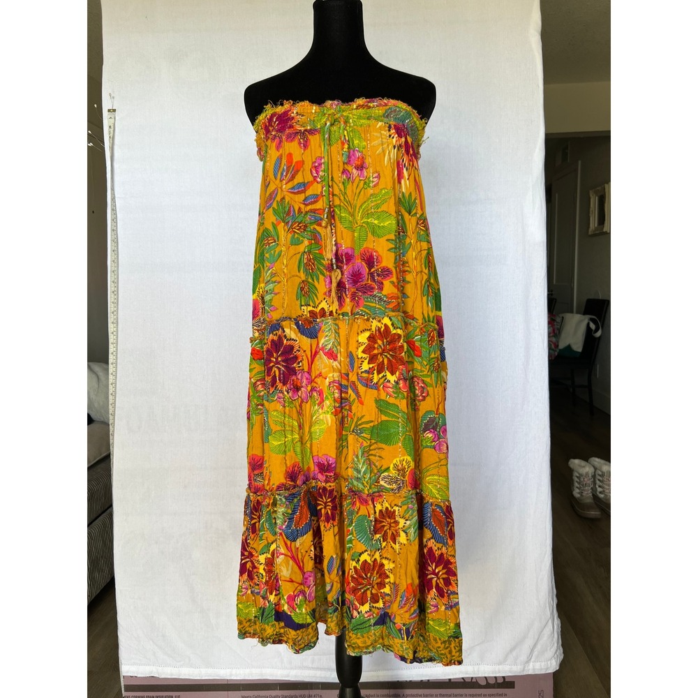 Boho Floral Strapless Midi Yellow Dress Tiered Tropical Boho Chic Resort Wear